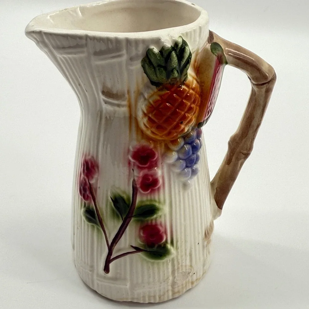Vintage Ceramic Pitcher Creamer Japan Bamboo Fruit Floral Tropical‎ Retro Decor